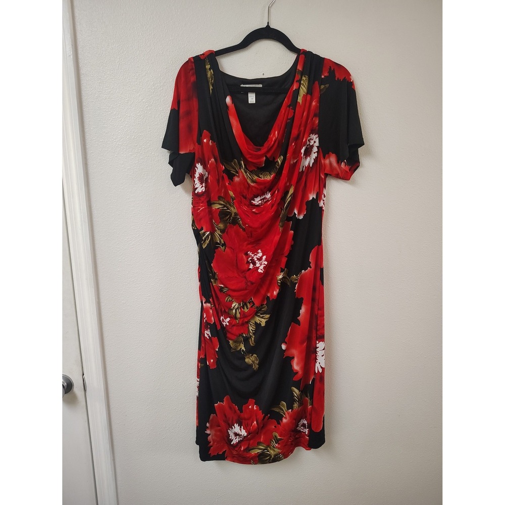 Dressbarn Woman Red Floral Cowl Neck Ruched Sheath Dress‎ 18W Short Sleeve Black